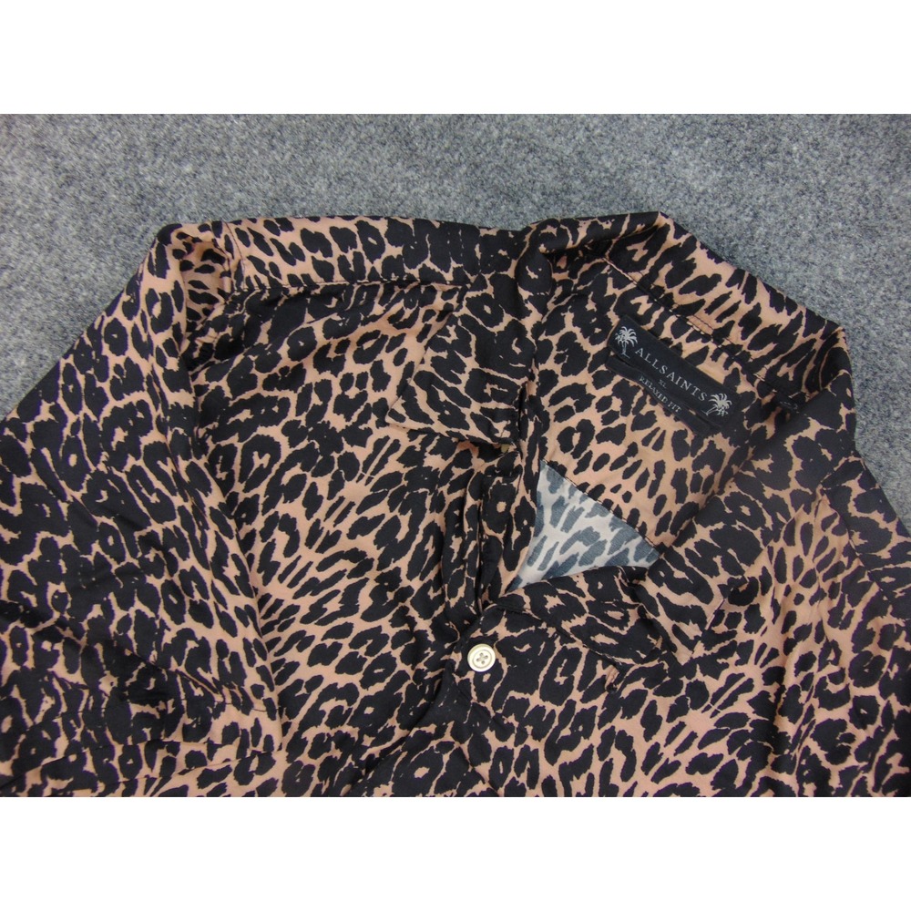 AllSaints Relaxed Fit Shirt Womens XL Leopard Print Brown Black Camp Collar Edgy
